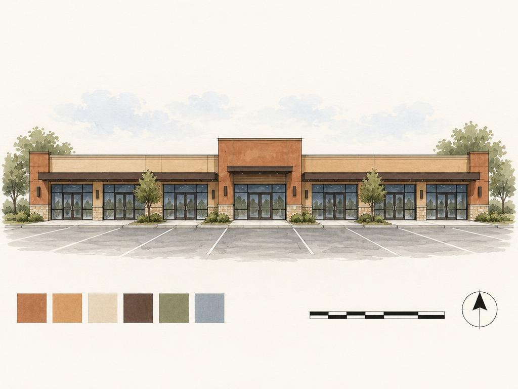 Hand-rendered architectural front elevation drawing of Masoyi Mall strip retail centre in warm terracotta and ochre with a continuous shopfront canopy